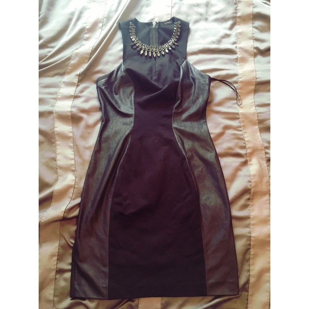 Black Guess Bodycon Dress with Jeweled Neckline